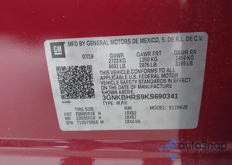 2019 Chevrolet Blazer z USA, uszkodzony, nr VIN 3GNKBHRS9KS690341